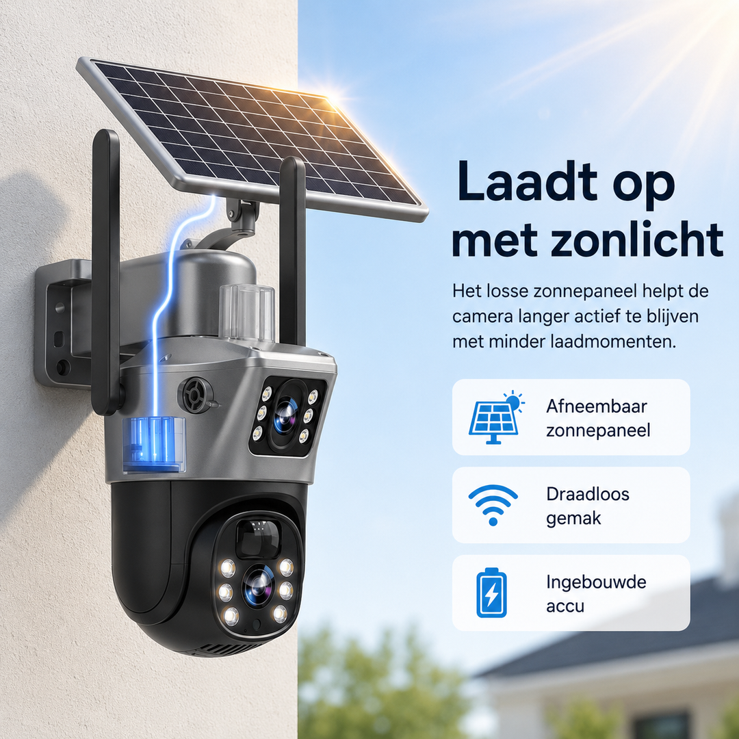 Autonome 4K zonnecamera met 360° pan/tilt/zoom, draadloos en IP66 weerbestendig.