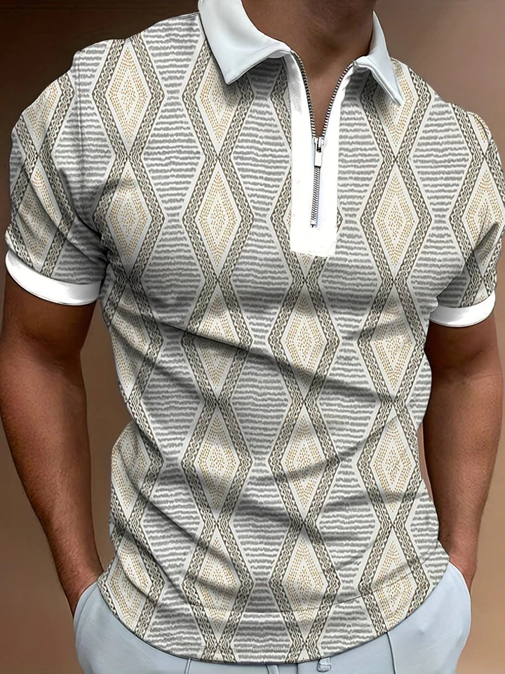 Comfortabele ademende herenpolo met korte mouwen en rits, blauw/abrikoos geruit. Ideaal als zomerkleding.