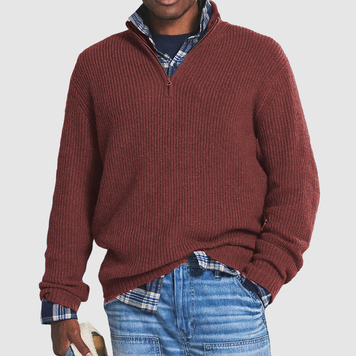 Rode luxe heren pullover met ritssluiting, ideaal voor een comfortabele business casual look in herfst/winter.