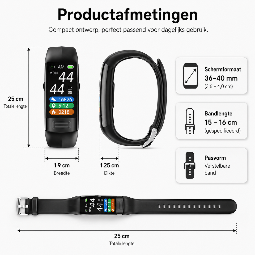 Veelzijdige unisex slimme armband: hartslag, bloeddruk, slaap & activiteiten tracker. Onmisbare wearable.