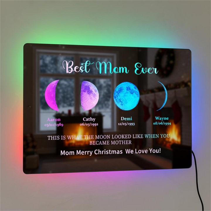 Unieke gepersonaliseerde LED spiegel met maanfase en inscriptie voor Moederdag. Sfeervolle huisdecoratie.