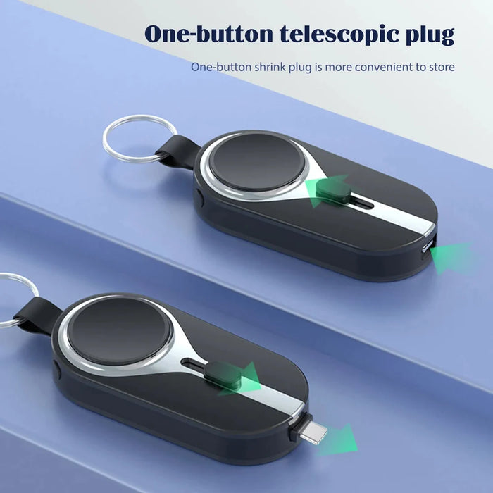 USB-C powerbank sleutelhanger met QuickCharge, universele snellader voor de nieuwste smartphones.
