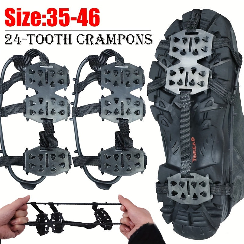 Sterke 24-tand crampons met scherpe spikes voor optimale tractie op ijzige paden en besneeuwde hellingen.