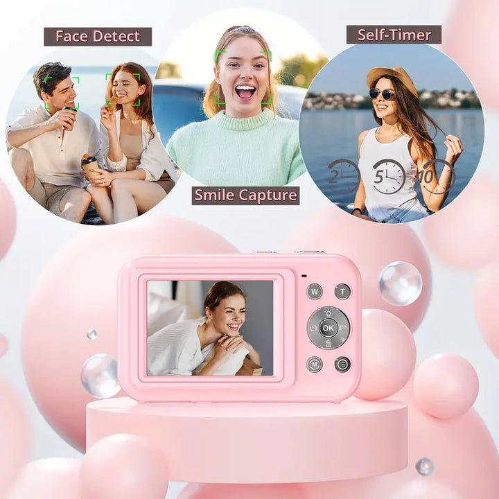 Zijaanzicht van de compacte digitale retro camera, benadrukt draagbaarheid en stijlvol design.