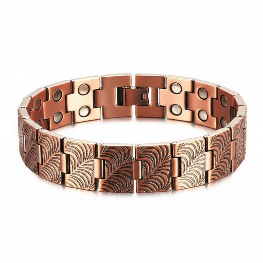 Heren magnetische koperen schakelarmband met dubbele rij schakels en klapsluiting, voor stijl en wellness.