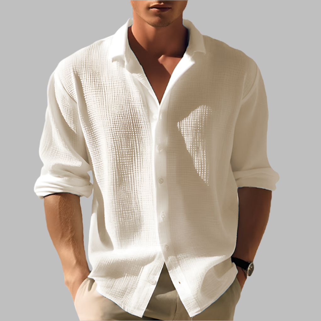 Modern heren overhemd met lange mouwen en staande kraag; comfortabel en ademend voor zomerse dagen en avonden.