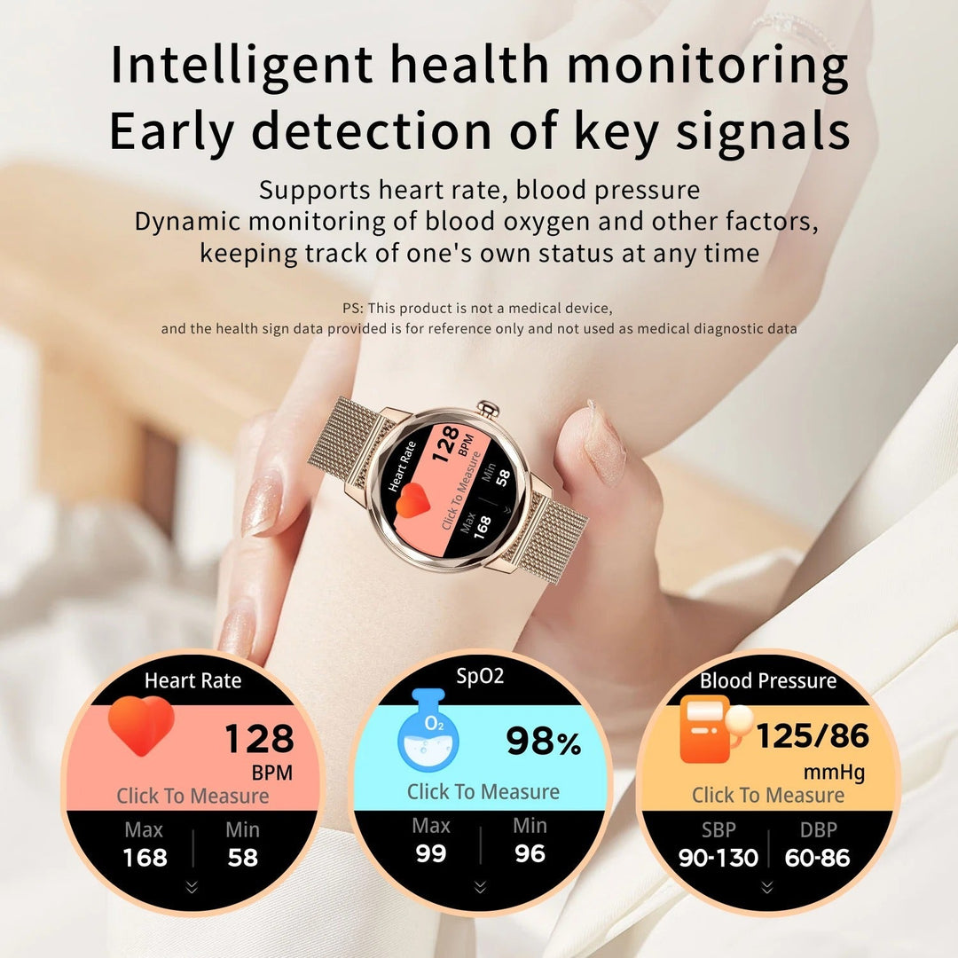 Zijkant Smart Gold dames smartwatch, elegant dun ontwerp met goudkleurige roestvrijstalen kast.