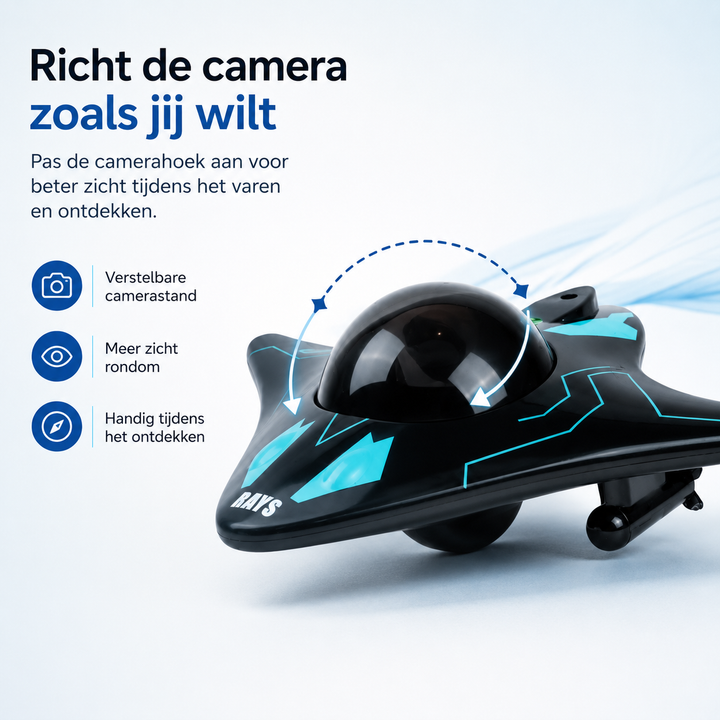 Afstandbestuurbare onderzeeër duikt in helder water, toont zijn waterdichte ontwerp en camerafunctie.