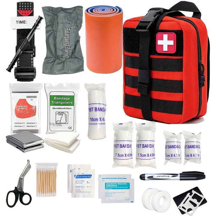 Uitgebreide eerste hulp survival kit met tourniquet voor noodsituaties en reizen.