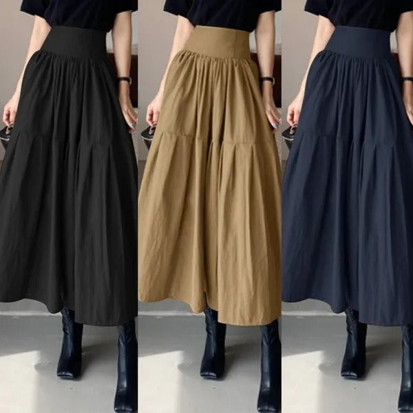 Comfortabele dames maxi rok met plooi en elastische taille, veelzijdig voor casual of elegante zomeroutfits.