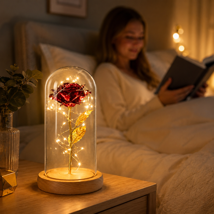 Valentijnscadeau: eeuwigheidsroos in glazen stolp met LED-verlichting, symbool van blijvende liefde.