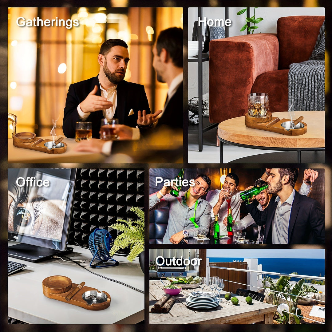 Veelzijdige houten sigaren- en whiskyschaal, compleet met RVS asbak. Uniek vaderdagcadeau of relatiegeschenk.