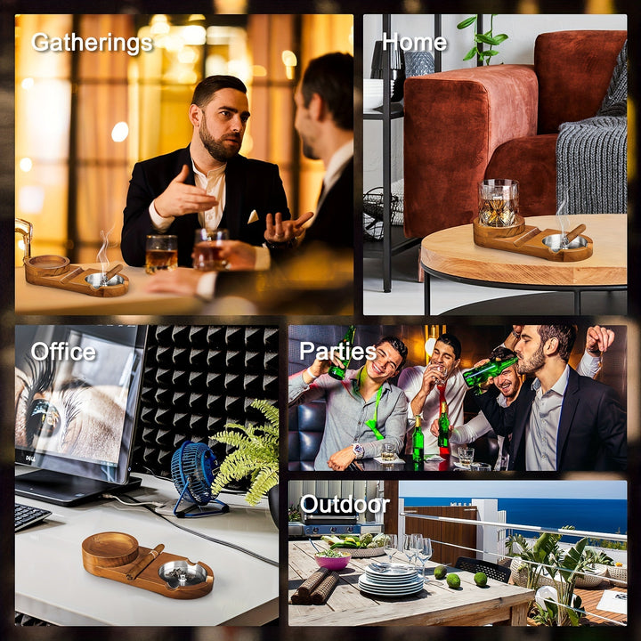 Veelzijdige houten sigaren- en whiskyschaal, compleet met RVS asbak. Uniek vaderdagcadeau of relatiegeschenk.