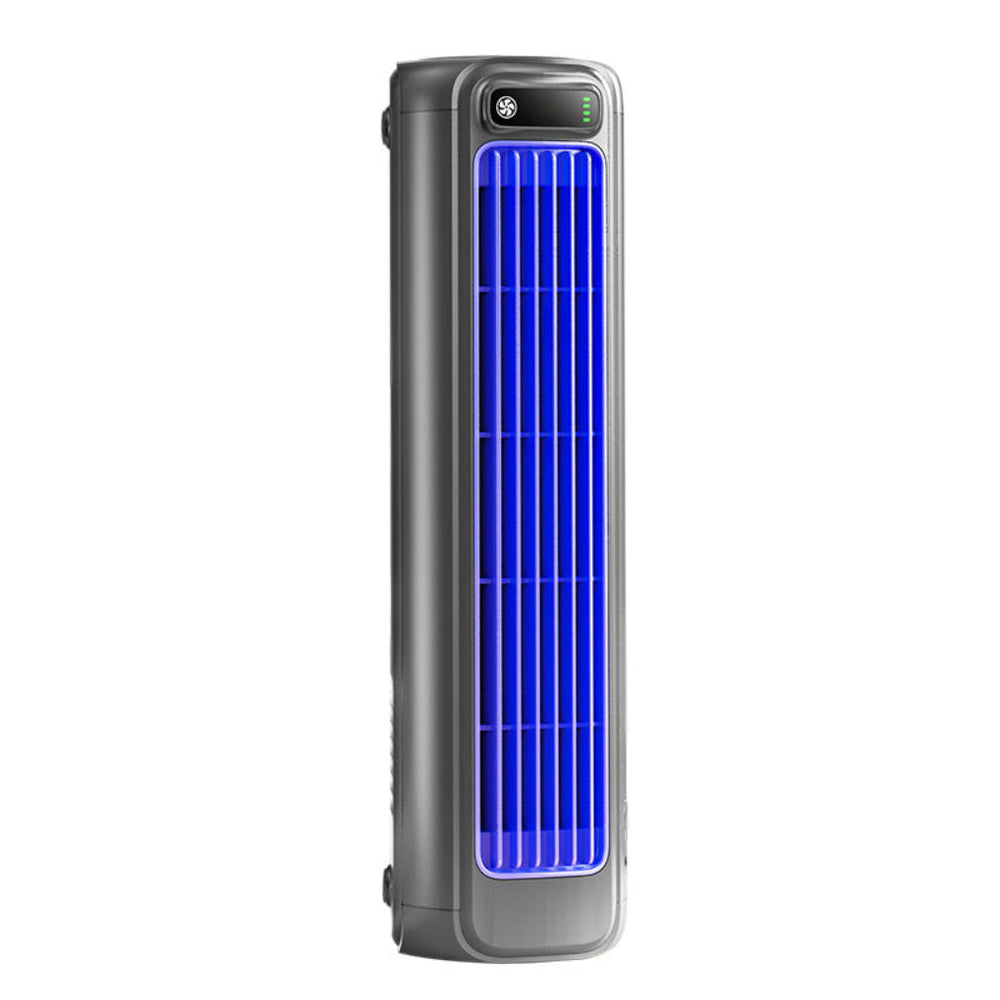 Stille draagbare USB-ventilator op bureau, ideaal voor kantoor of thuiswerken, met lange accuduur.