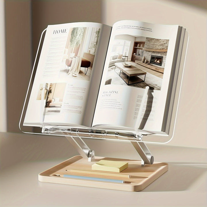 Verstelbare acryl leesstandaard voor ergonomisch studeren en werken; perfect als boeken-, tablet- of laptopstandaard.