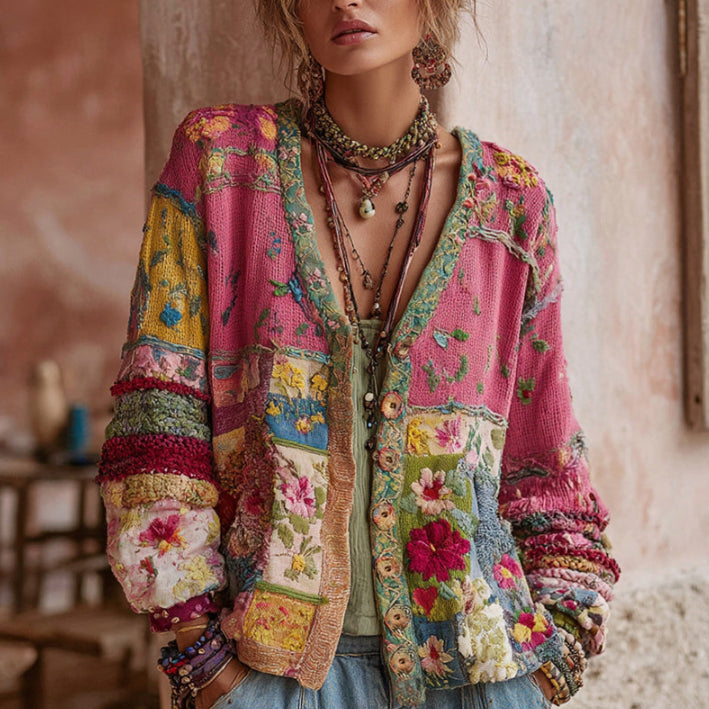 Vintage damesvest met bloemenpatchwork en lange mouwen, comfortabel en trendy voor casual damesmode.