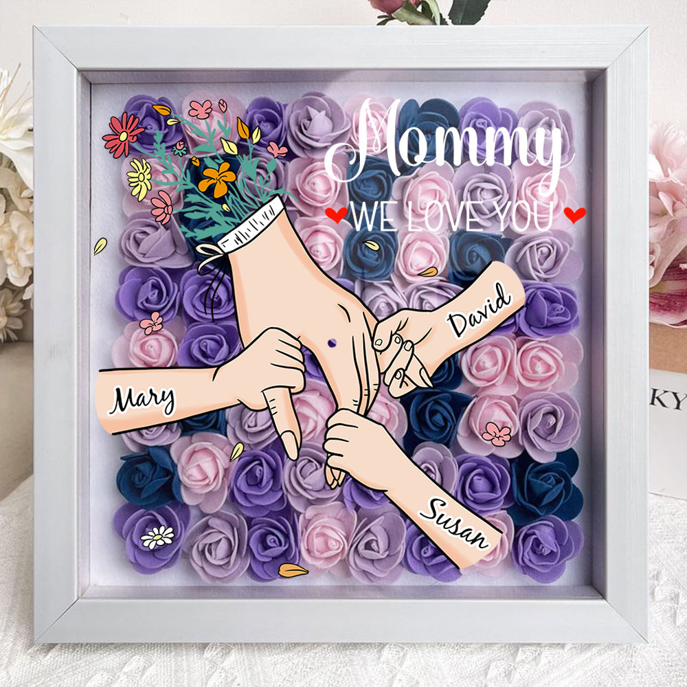 Nooit verwelkende bloemen en namen: gepersonaliseerd schaduwbox cadeau voor mama, uniek en duurzaam.
