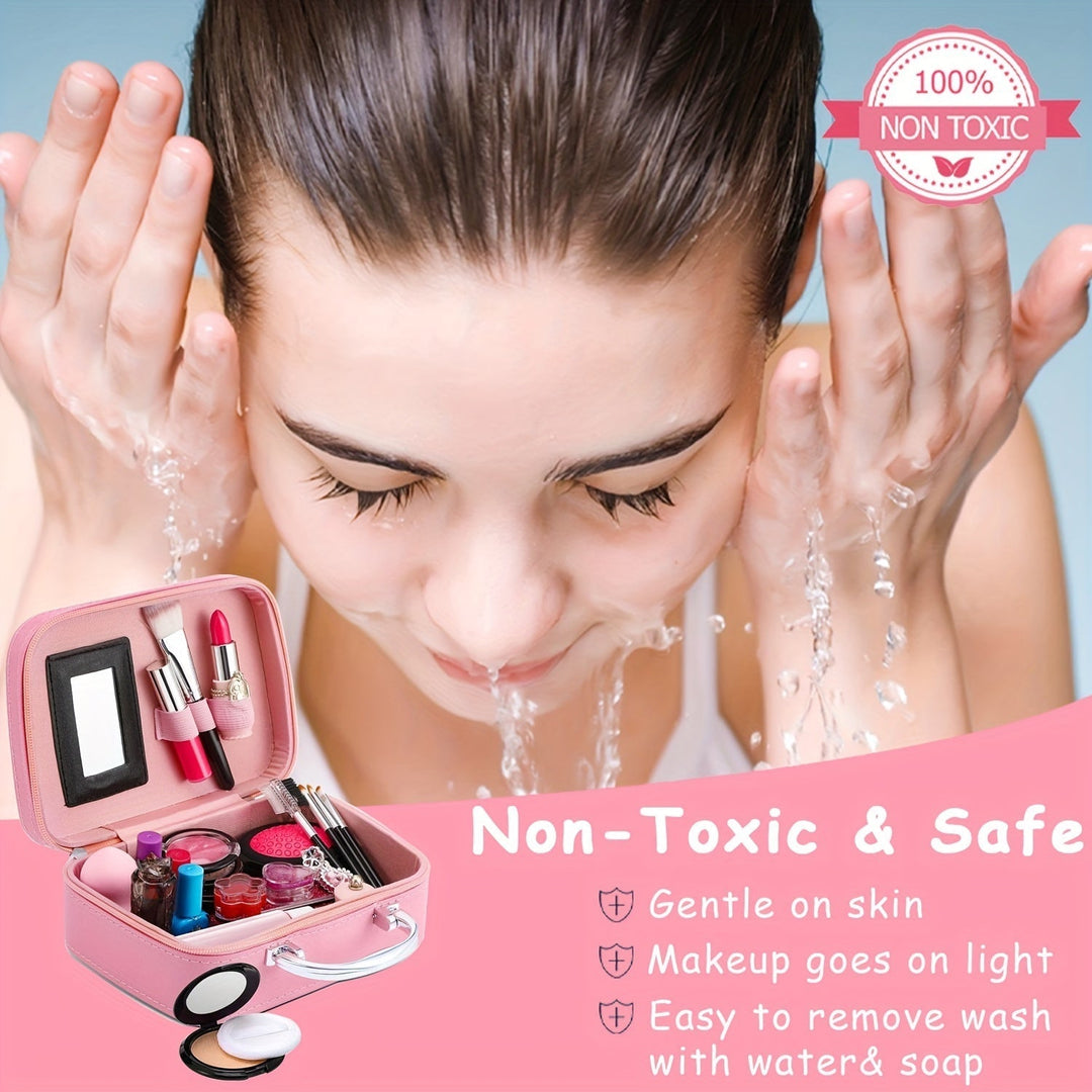 Roze glitter eenhoorn make-up tas, gevuld met echte cosmetica en leuke accessoires voor meisjes.