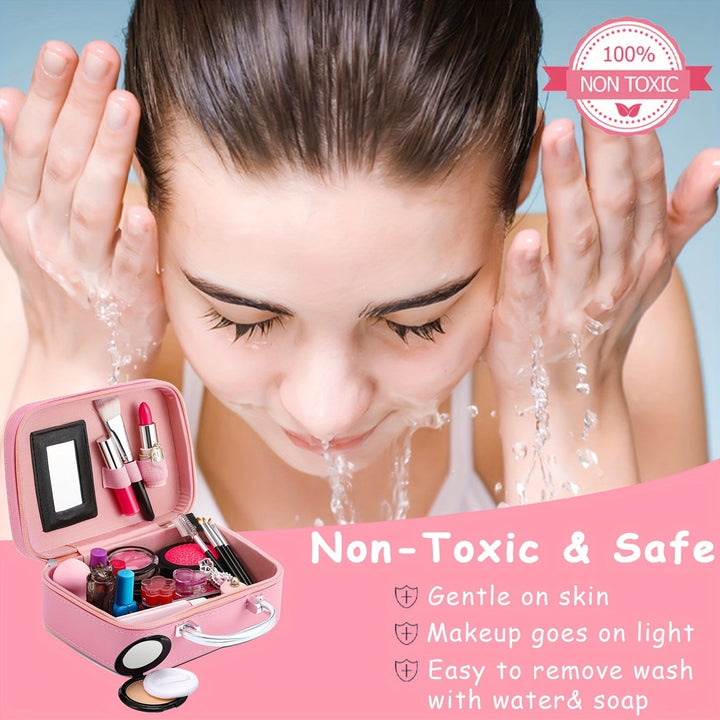Roze glitter eenhoorn make-up tas, gevuld met echte cosmetica en leuke accessoires voor meisjes.