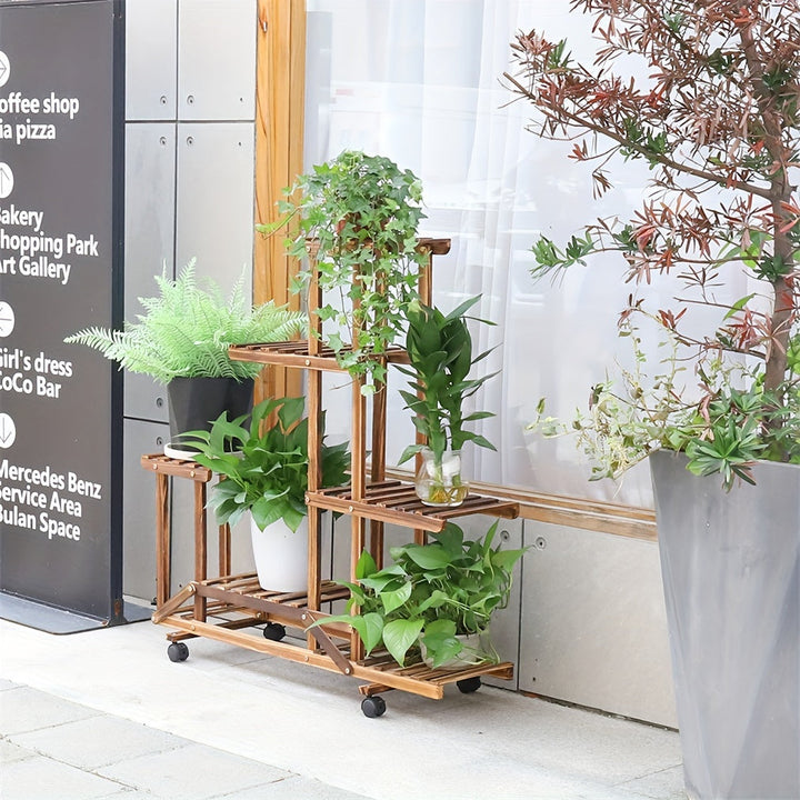 Sfeervolle 6-laags gecarboniseerde houten plantenstandaard; voegt groene decoratie toe aan interieur.