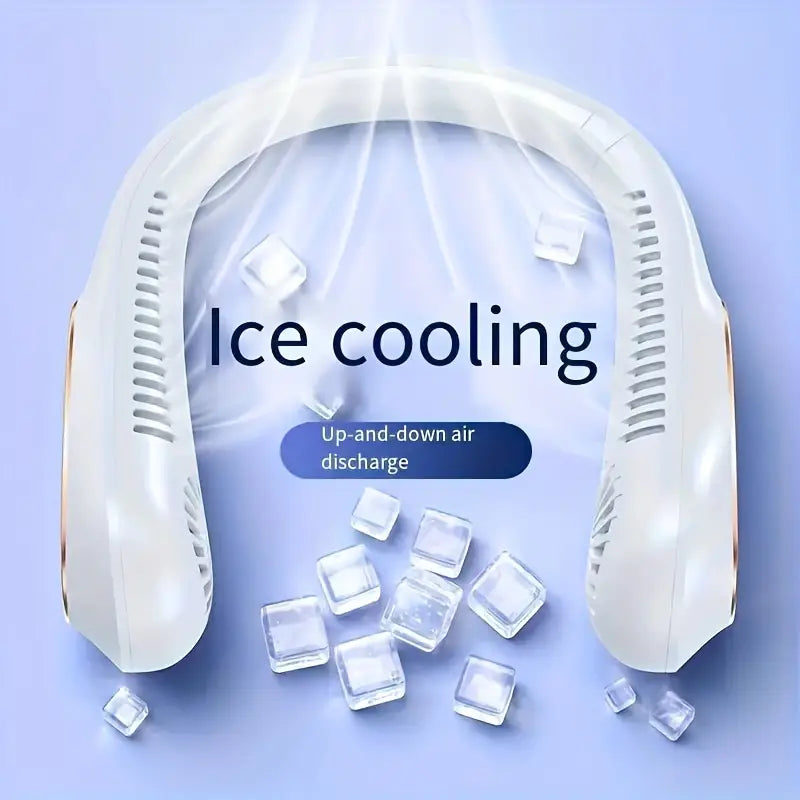 Nieuwe draagbare nekventilator (wit/blauw) met krachtige 360° koeling. Ideaal voor zomerse activiteiten.