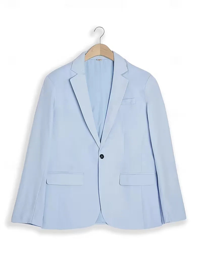 Lichtblauw slim fit herenkostuum, ideaal voor lentebruiloften of zomerse evenementen.