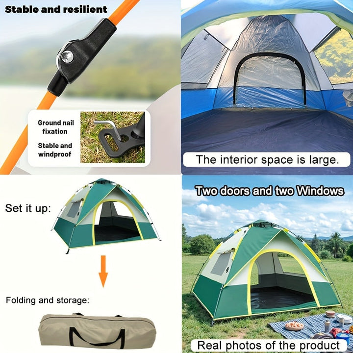 De 4-persoons pop-up campingtent klaar voor gebruik, winddicht en ademend, makkelijk mee te nemen.