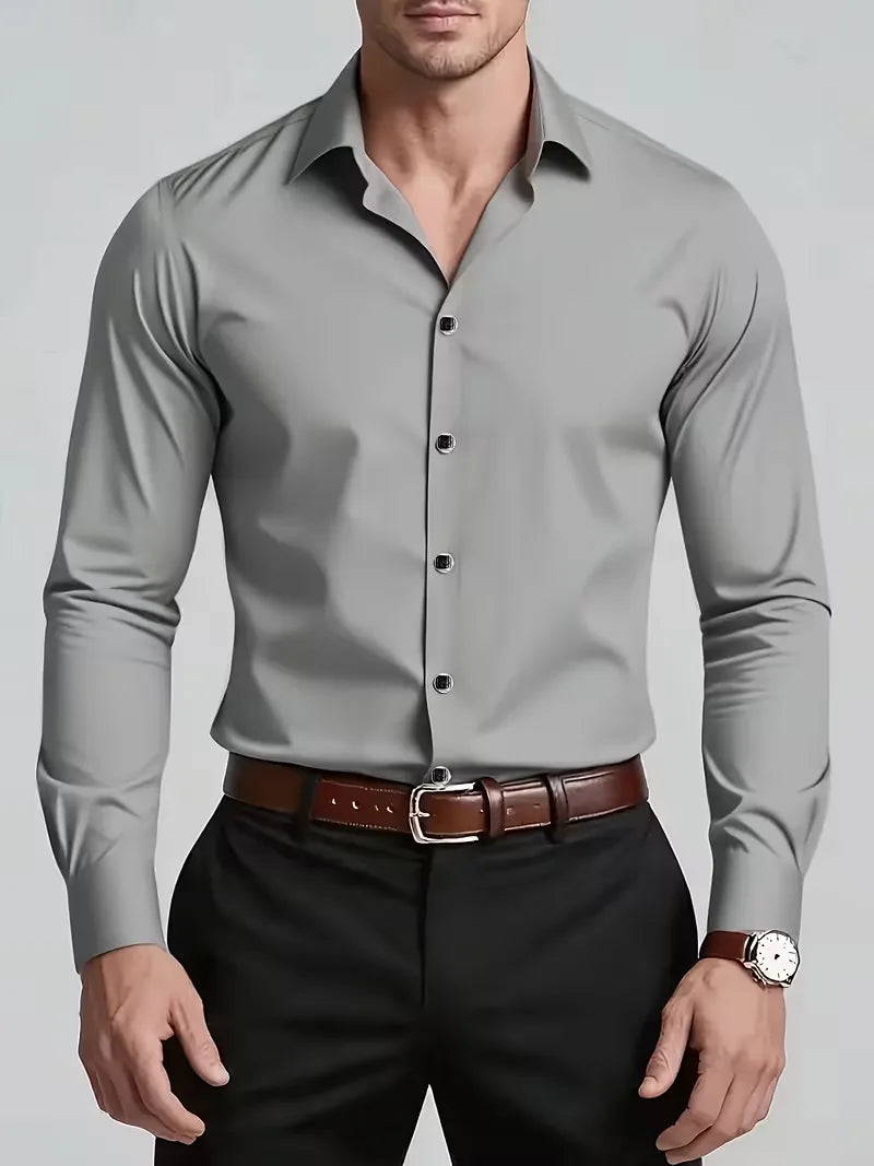 Lange mouwen slimfit overhemd met mandarijnkraag, essentieel voor de stijlvolle man.
