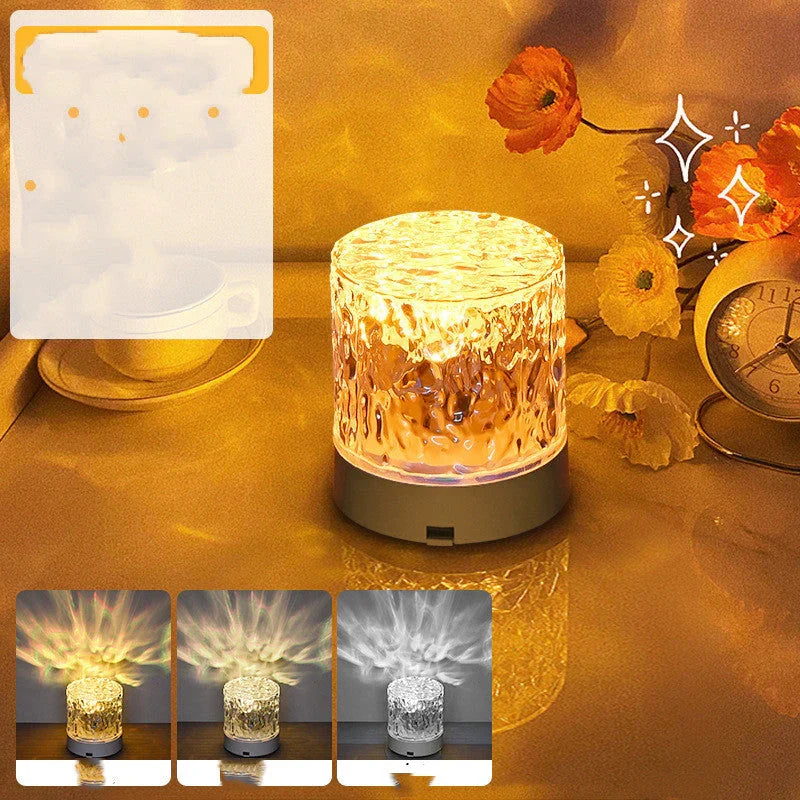 Decoratieve AuraGlow sfeerlamp met RGB licht, watergolf effect en draadloze bediening. Moderne interieurdecoratie.