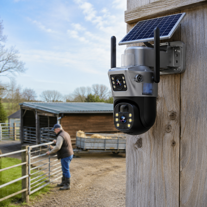 Smart 4K zonnecamera met app bediening, persoonsdetectie en 360° zicht. Draadloos en autonoom.