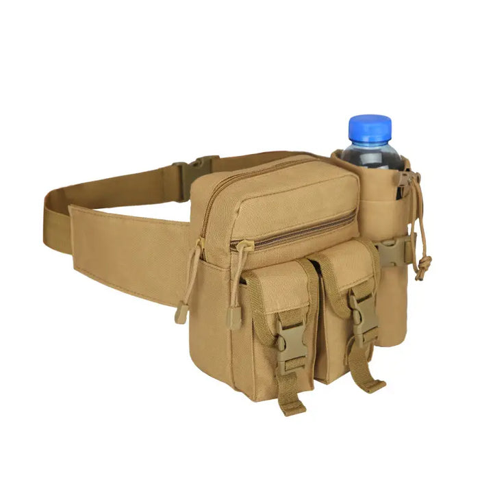Duurzame compacte heuptas voor outdoor sport, wandelen en reizen, met handige waterfleshouder.