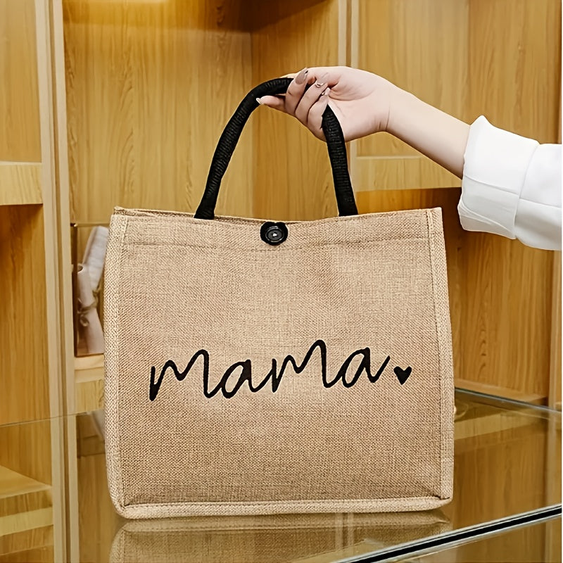 Grote jute shopper voor moeders met 'Mama' print. Handige en duurzame tas voor boodschappen of strand.