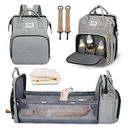 Innovatieve reisrugzak die dient als comfortabel babybedje en ruime luiertas; waterdicht design.
