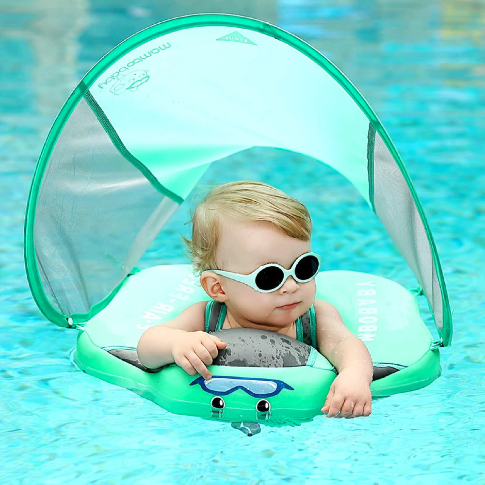 Opblaasbare zwemband voor peuter, met veilige zit en zonnescherm, ideaal voor zwemplezier.