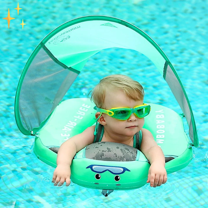 Veilige zwemhulp voor baby's en peuters, opblaasbaar met geïntegreerd zonnescherm voor zomerse dagen.