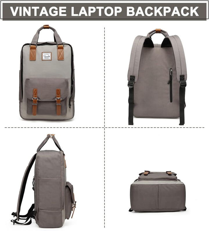 Model draagt de UrbanEase unisex vintage laptoprugzak (15.6"). Perfect als schooltas of werktas.