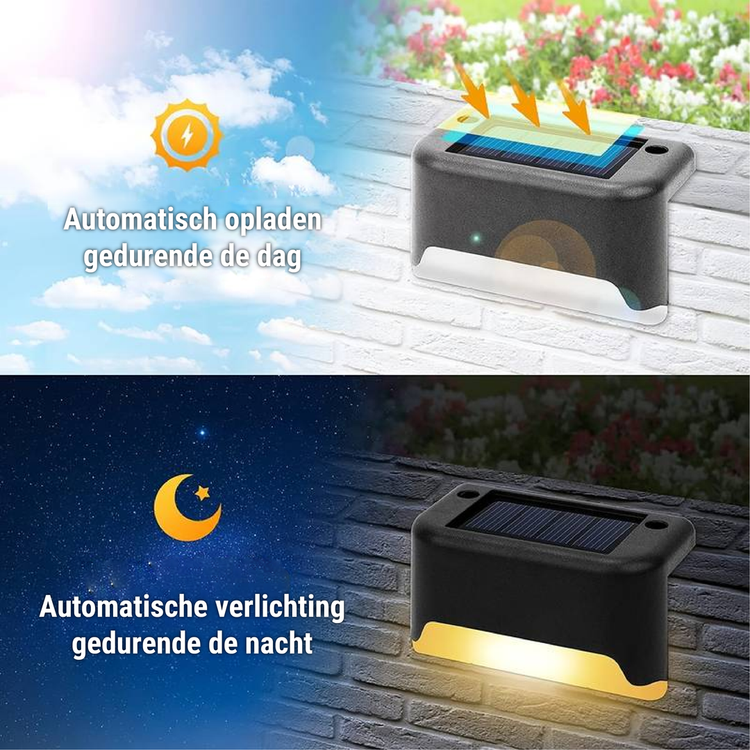 Moderne draadloze solar wandlamp met LED sfeerverlichting voor gevel, schutting of ingang.
