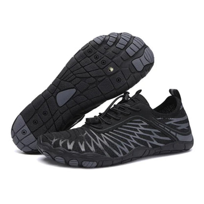 "Barefoot schoenen Allrounder met flexibele pasvorm en natuurlijke loopsensatie, beige bovenkant en minimalistische zolen."
