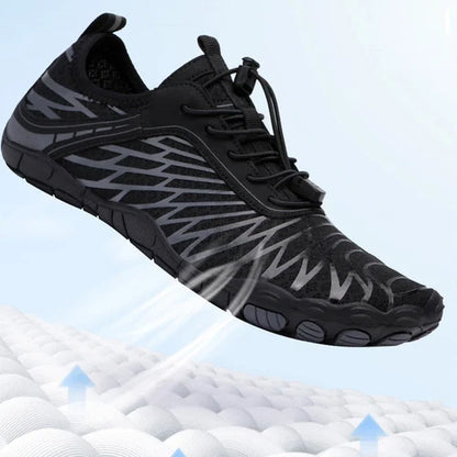 "Barefoot schoenen Allrounder met flexibele pasvorm en natuurlijke loopsensatie, beige bovenkant en minimalistische zolen."