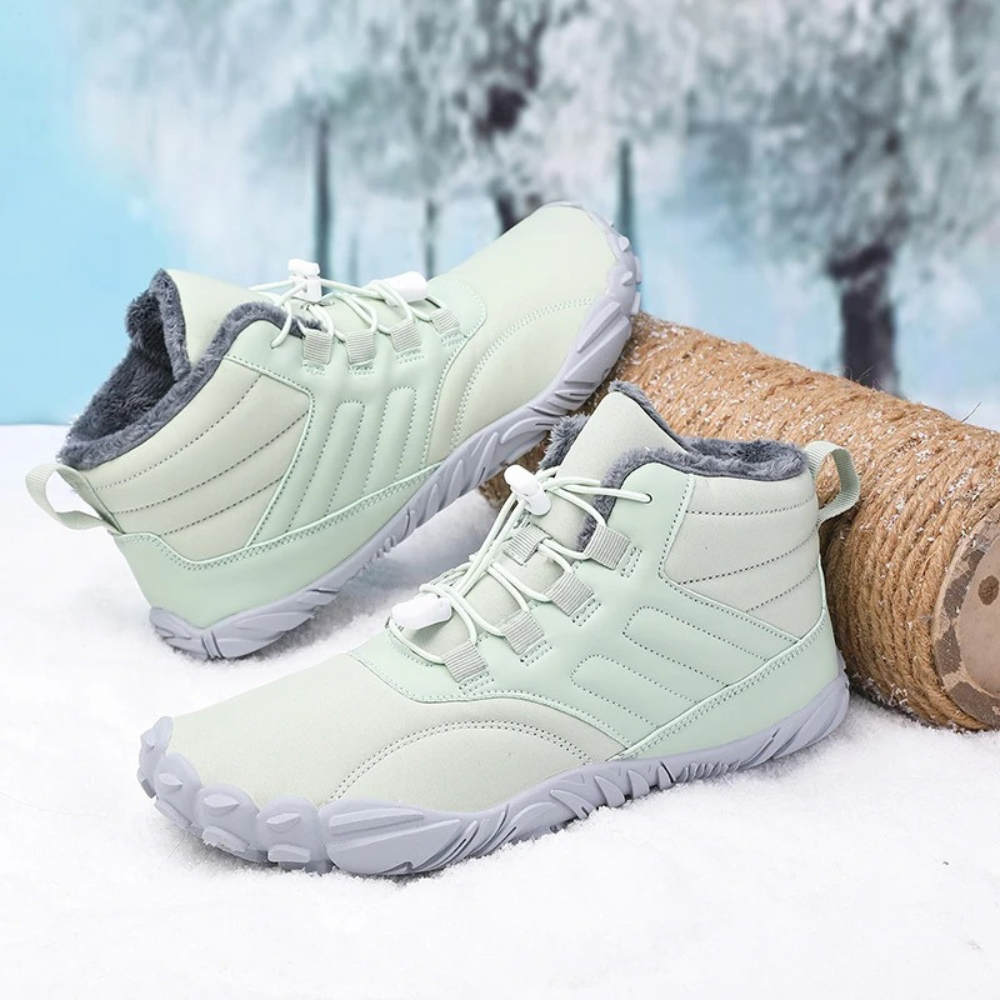 Warme FrostFlex barefoot sneeuwlaarzen voor dames en heren, ideaal voor wintercomfort en flexibiliteit.