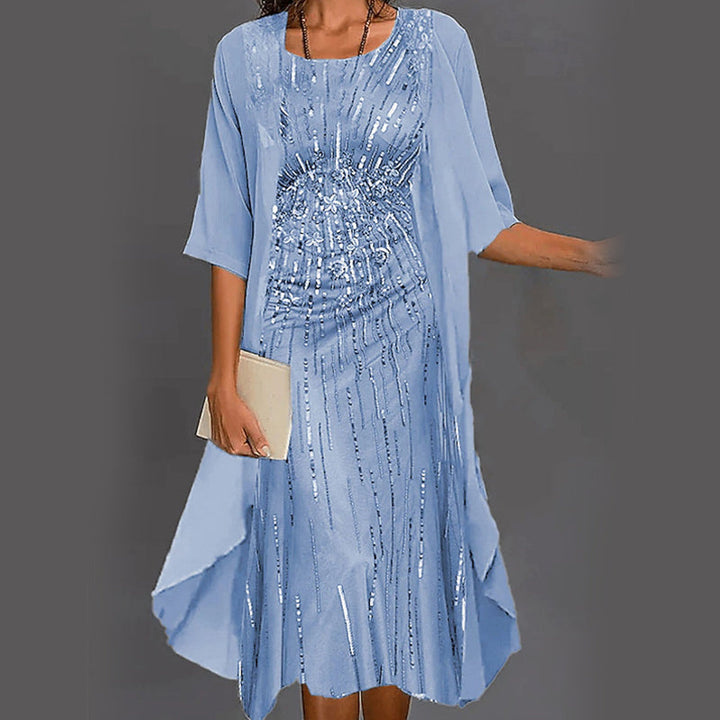 Klassieke dames midi jurk met vest set, elegante veelzijdige outfit voor diverse gelegenheden.