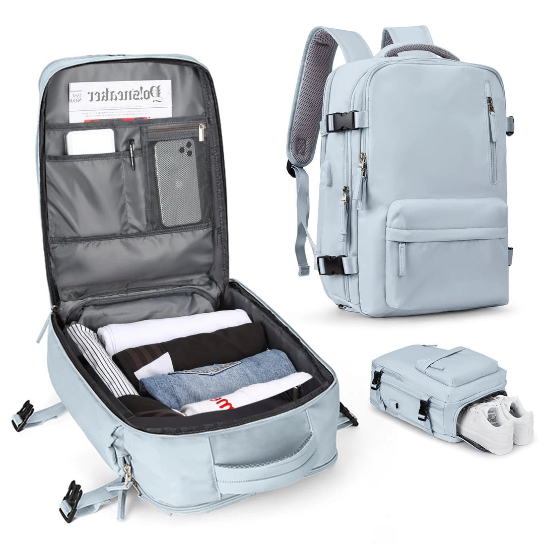Stijlvolle unisex reisrugzak 35L, waterafstotend met USB-poort en verborgen ritsen voor veiligheid.