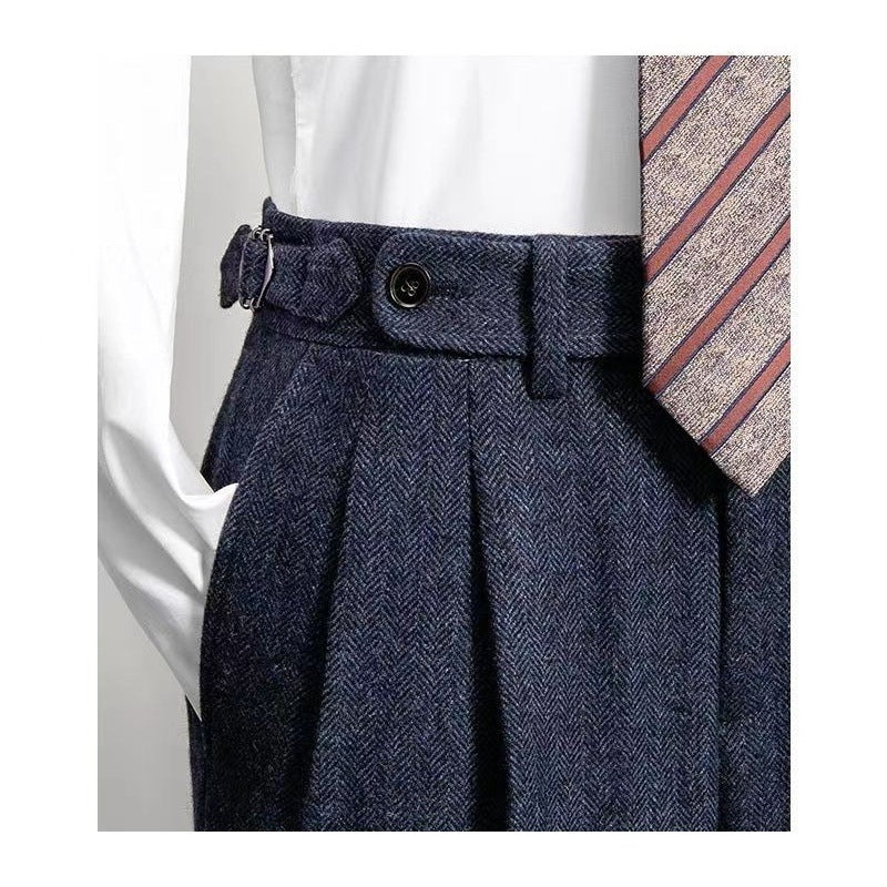 Close-up van de premium tweedstof van de heren vrijetijdsbroek. Warme winterbroek textuur, stijlvol en comfortabel.