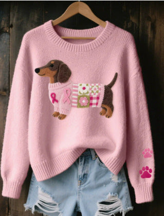 Casual damesmode trui met opvallend grafisch hondendesign en ronde hals, perfect voor dagelijks comfort.