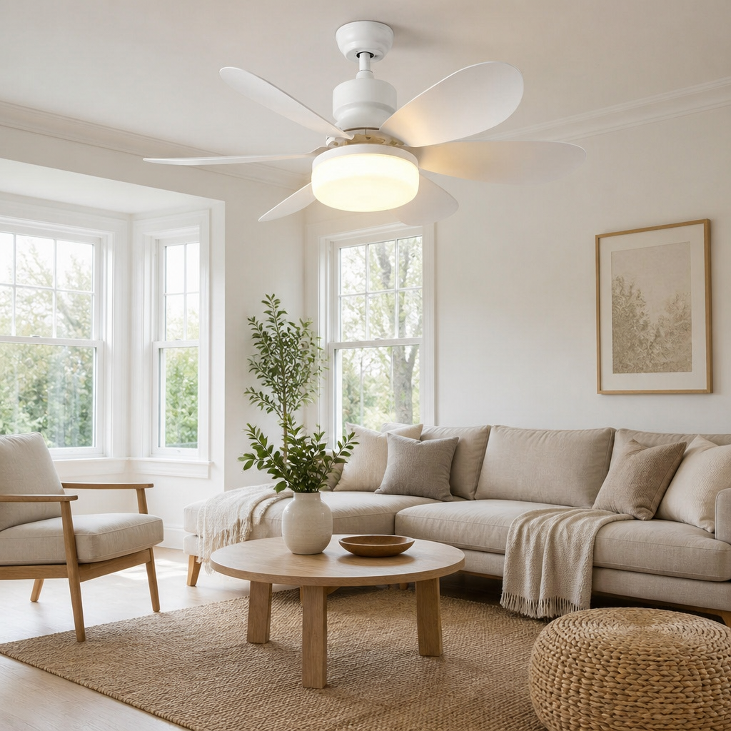 Scandinavische plafondlamp met geïntegreerde ventilator en dimbare LED verlichting. Wit design met houtlook.