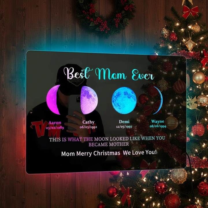 Gepersonaliseerde maanfase LED spiegel met speciale datum voor moeder. Uniek Moederdag cadeau, huisdecoratie.
