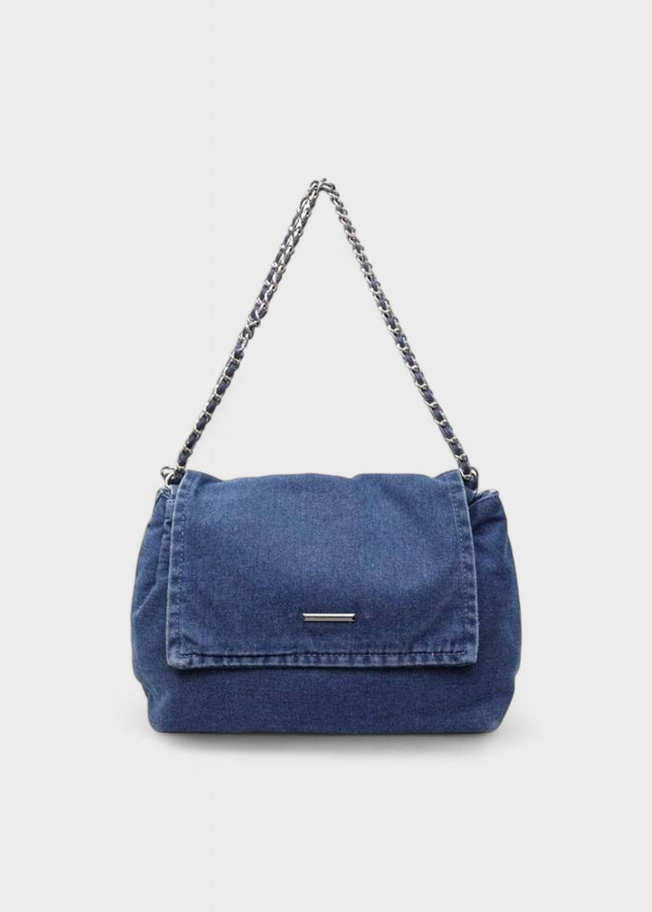 Zwarte denim handtas met draaisluiting, trendy dames kettingtas perfect voor urban avonturen.