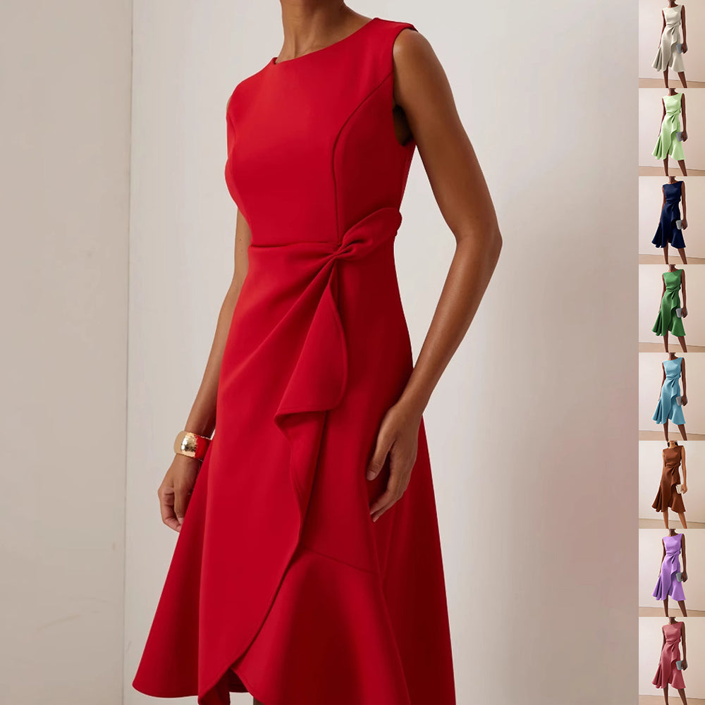 Elegante mouwloze midi-jurk voor dames met chique strikdetail. Ideale zomerjurk, comfortabel en stijlvol.
