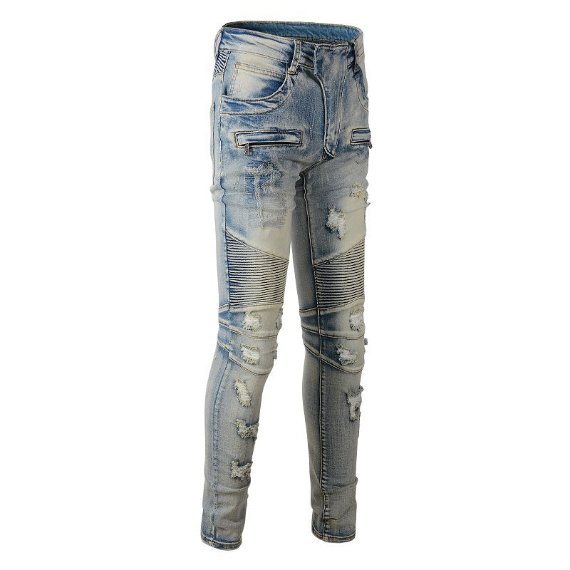 Stijlvolle heren skinny bikerjeans in lichtblauw met gescheurde knieën en urban gedistresseerde afwerking.