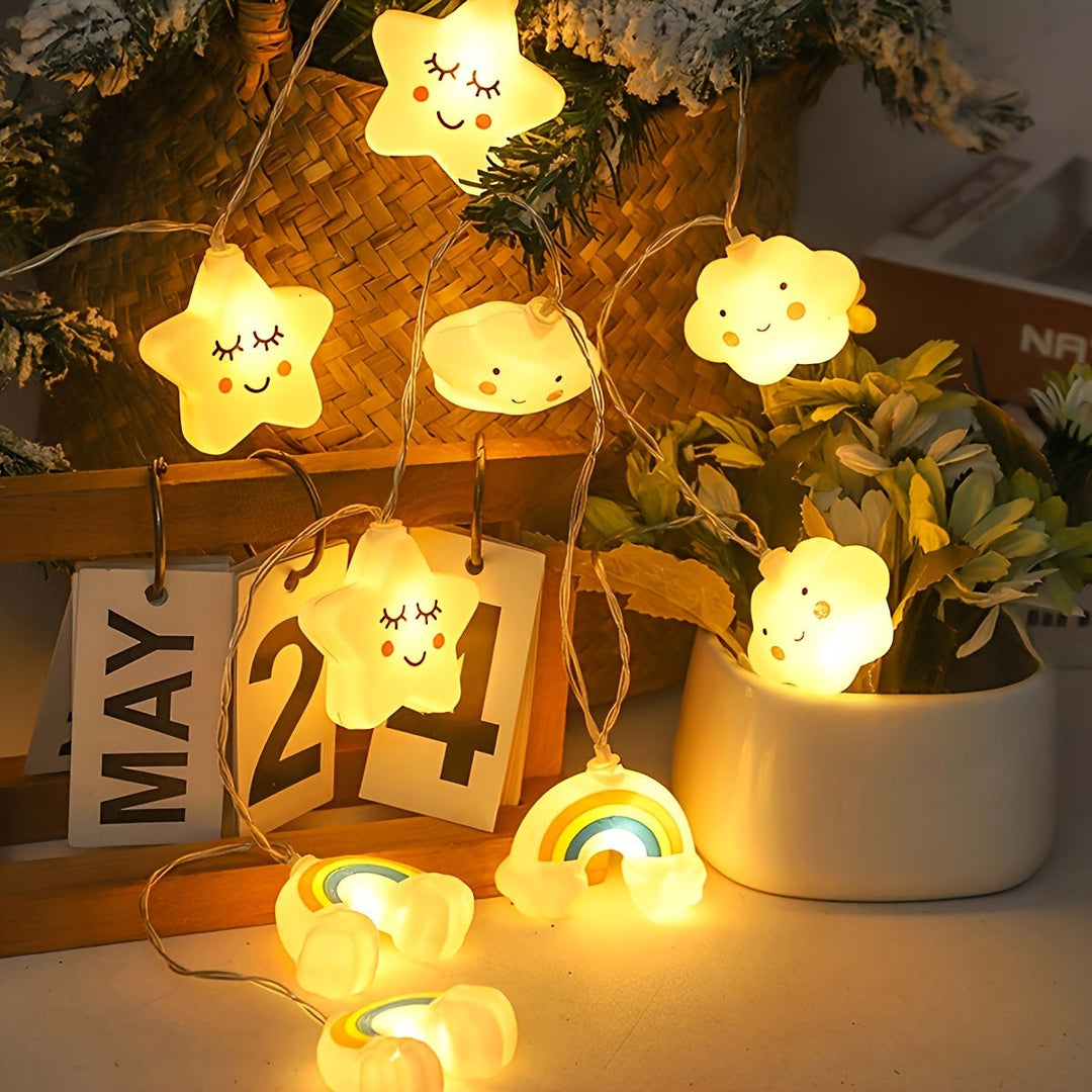 Magische LED string lights als kinderkamer decoratie met ster, wolk en regenboog lampjes.
